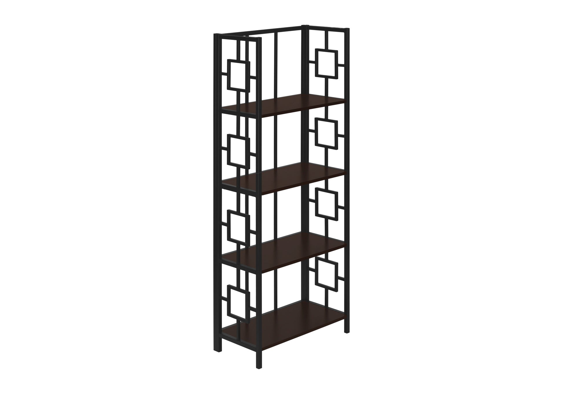 Bookshelf, Bookcase, Etagere, 4 Tier, 62"H, Office, Bedroom, Brown Laminate, Black Metal, Contemporary, Modern Espresso Metal