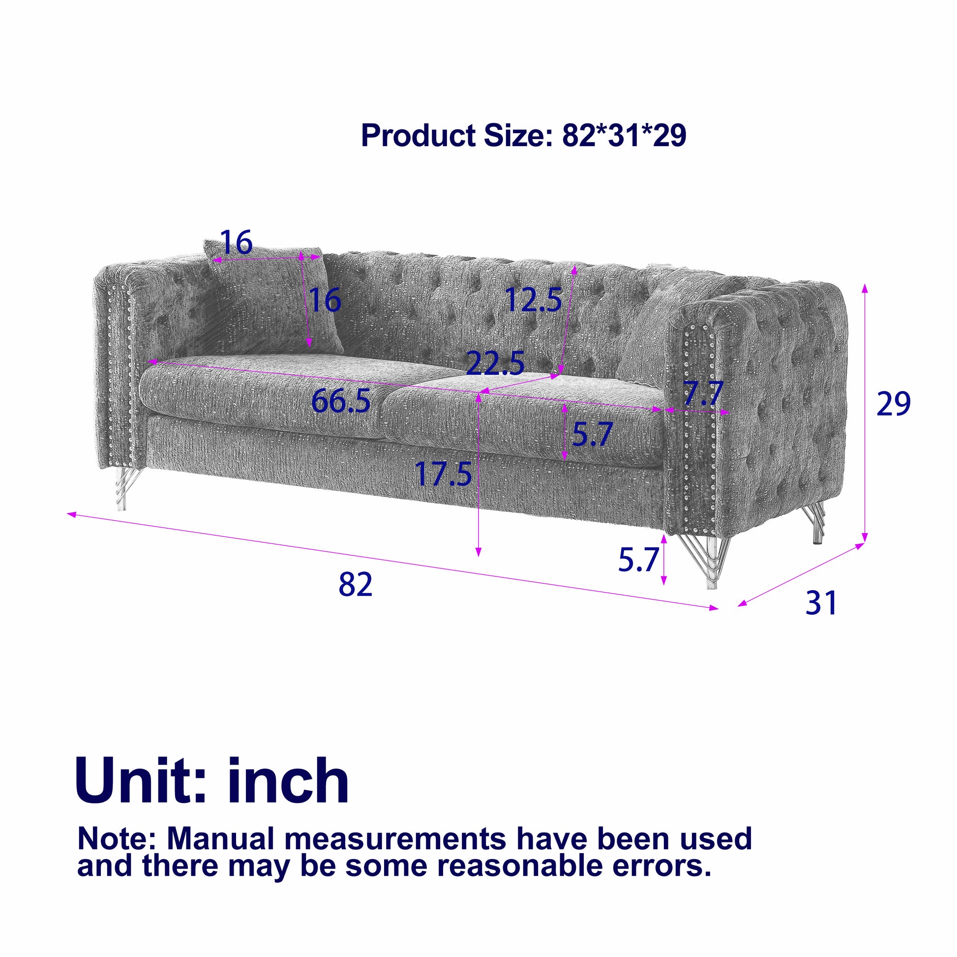 Chenille Pull Buckle Design Sofa For Living Room,Buttons Tufted With Copper Nail Decoration Armrest, Modern Couch Upholstered Button And Metal Legs Black Foam Chenille 6 Seat