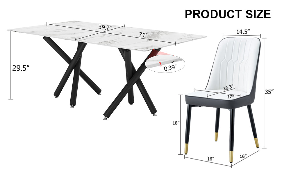 1 Table And 8 Chairs. A Rectangular Dining Table With A White Imitation Marble Tabletop And Black Metal Legs. Paired With 8 Chairs, Equipped With Pu Leather Seat Cushions And Black Metal Legs. F 1538 Black Glass Metal