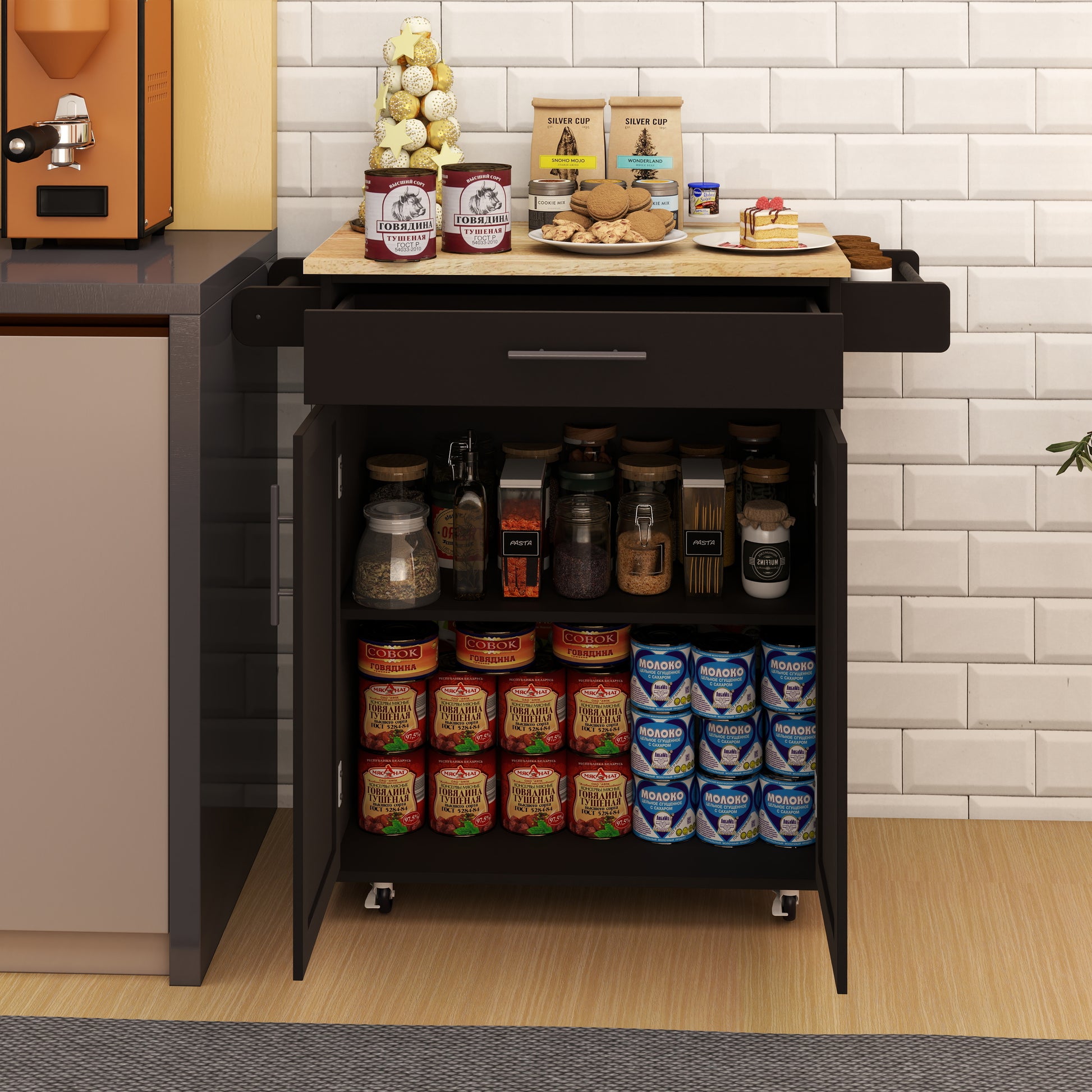 Kitchen Island Rolling Trolley Cart With 1 Drawer & 2 Doors With Adjustable Shelves & Towel Rack & Seasoning Rack Rubber Wood Table Top Black Black Mdf