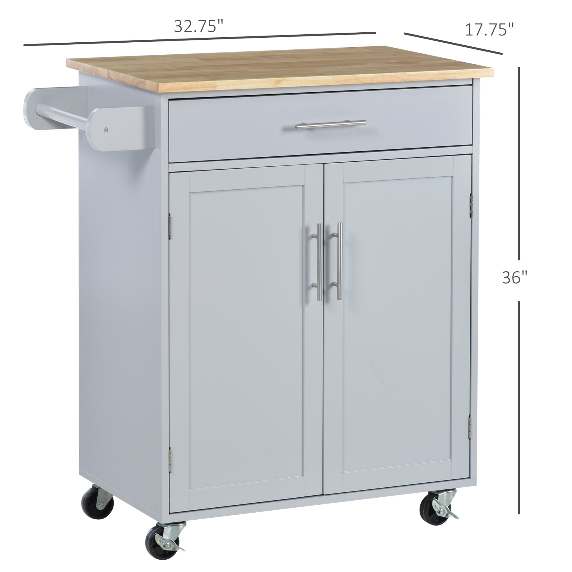 Homcom Kitchen Island Cart Rolling Trolley Cart With Drawer, Storage Cabinet & Towel Rack, Gray Grey Rubber Wood