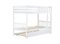 Twin Over Twin Rubber Wood Bunk Bed With Trundle, Convertible Into 2 Twin Size Beds, Twin Size Bunk Bed With Ladder And Safety Guardrails, White Twin White Rubber Wood