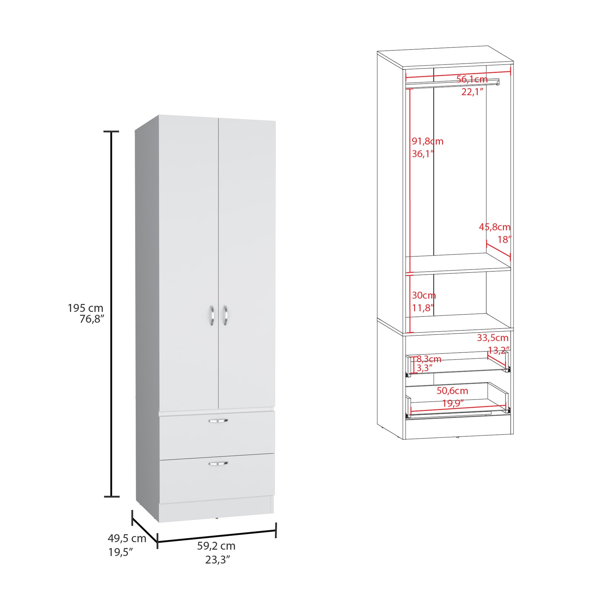 Vico 76" High Armoire Wardrove Closet With 2 Drawers, Double Door Cabinetone Shelf And Hanging Rod, Bedroom Clothes Storage Cabinet Organizer White Bedroom Modern Particle Board Engineered Wood