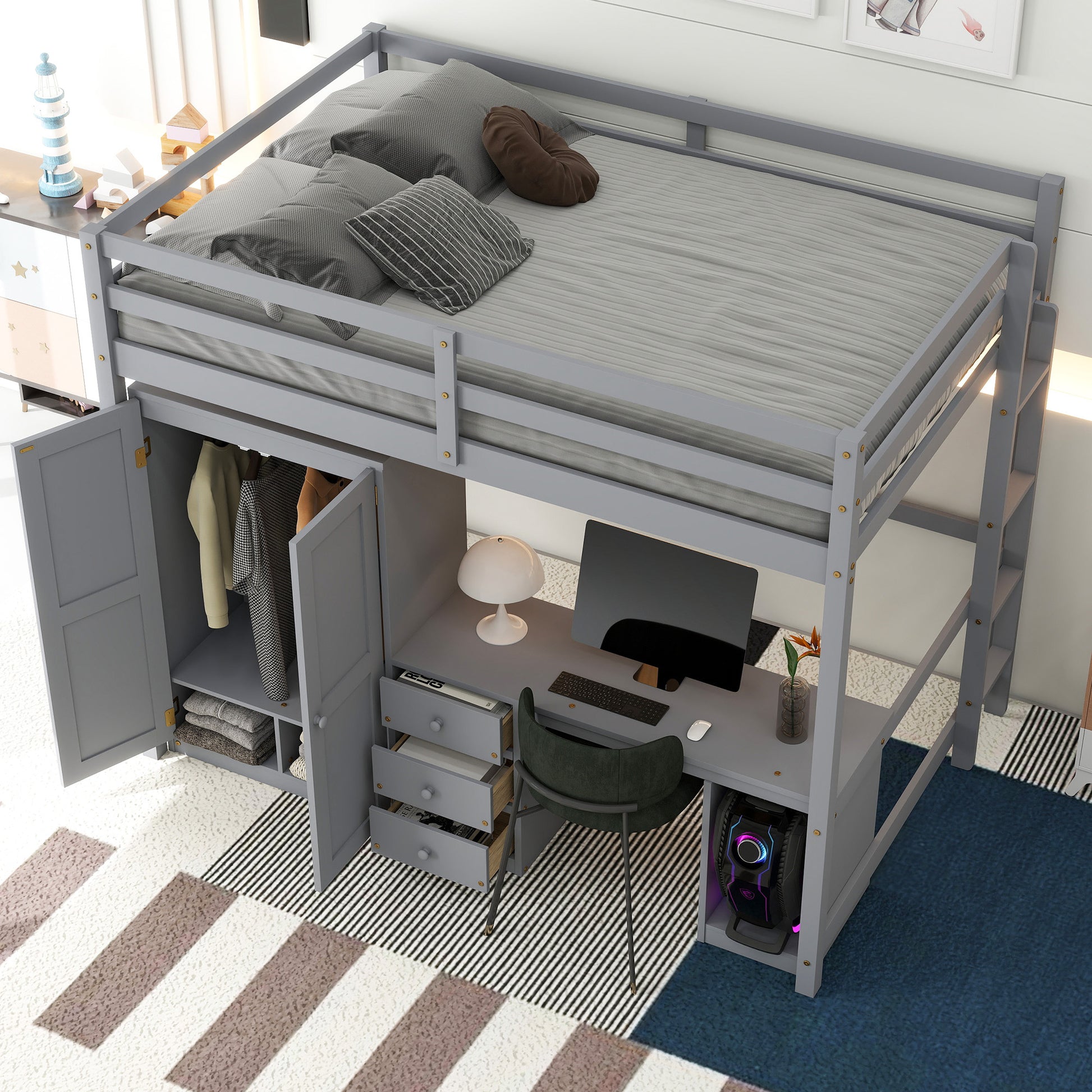 Full Size Loft Bed With Wardrobe, Desk And Storage Drawers, Gray Full Gray Pine