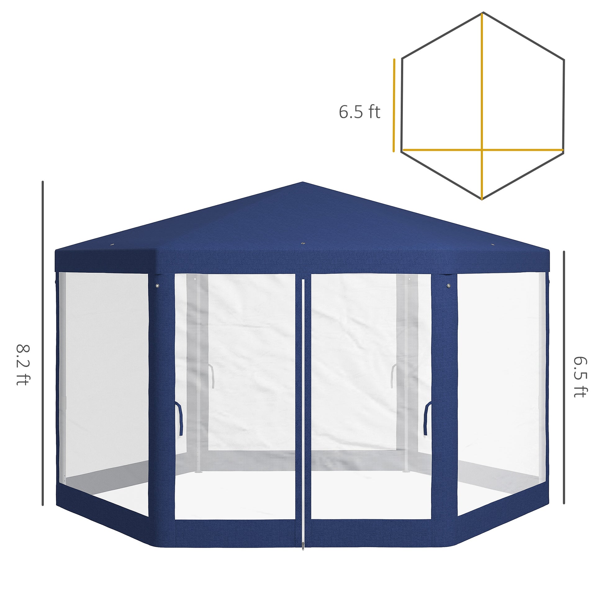 Outsunny 13' X 11' Outdoor Party Tent, Hexagon Sun Shade Shelter Canopy With Protective Mesh Screen Sidewalls, Ropes & Stakes, Blue Blue Steel