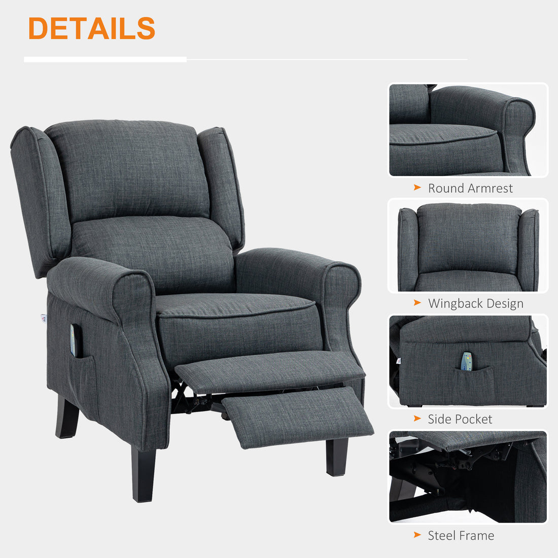 Homcom Vibrating Massage Recliner Chair For Living Room, Reclining Wingback Single Sofa With Heat, Linen Fabric Push Back Accent Chair With Footrest, Side Pocket, Charcoal Gray Charcoal Grey Linen