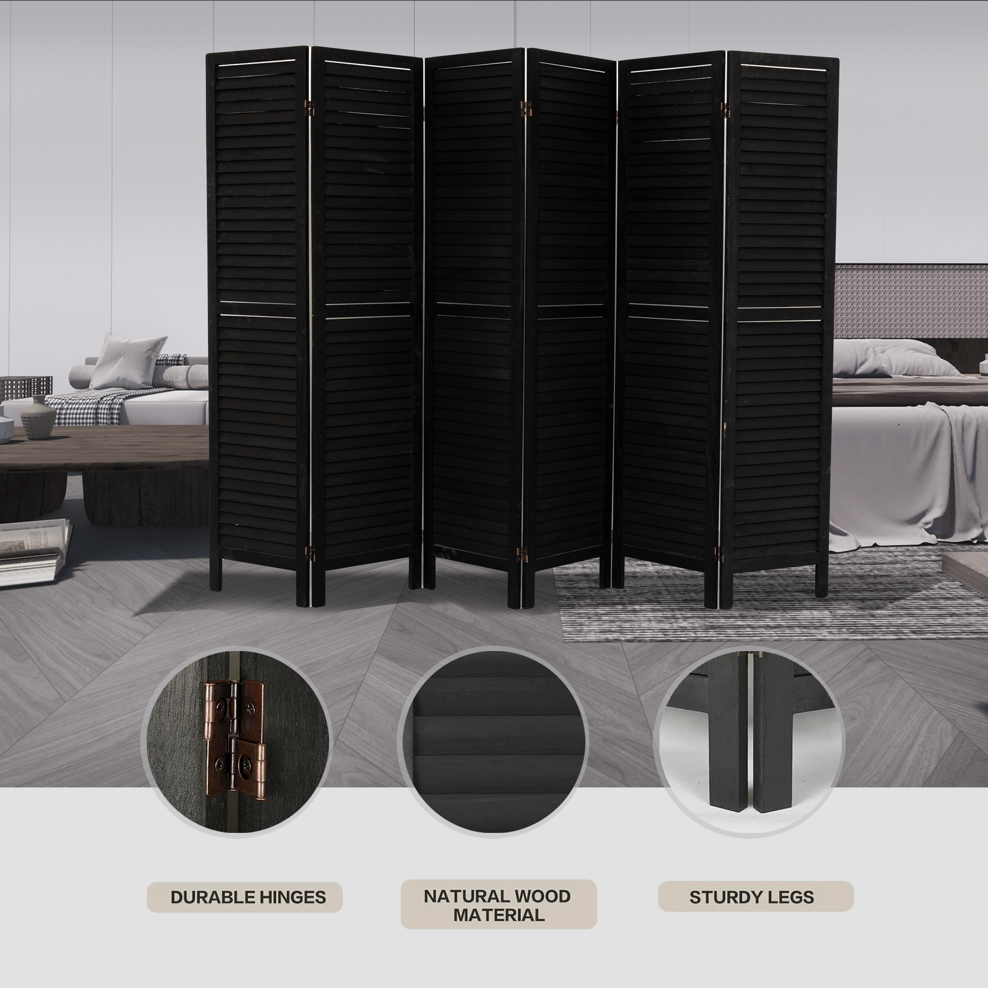 6 Panel Room Divider, Folding Room Divider Privacy Screen 5.6Ft Tall, Wood Freestanding Louvered Divider Screen For Home Office Restaurant Bedroom Black Black Classic Wood