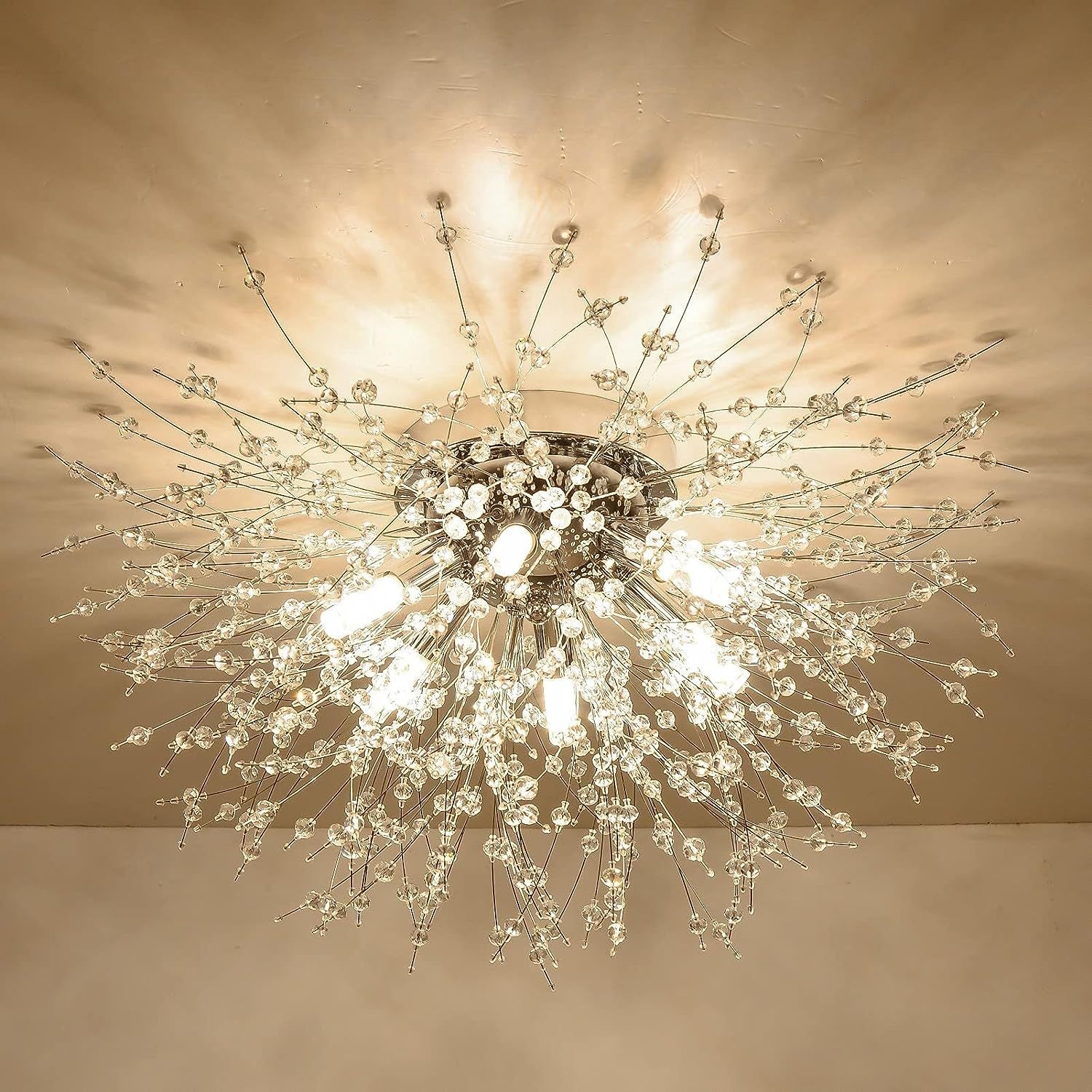 Flush Mount Ceiling Lights, Modern Gold Crystal Sputnik Firework Close To Ceiling Lamp Led Ceiling Lighting Fixtures For Bedroom Kitchen Island Hallway Entryway Porch Gazebo Golden Crystal