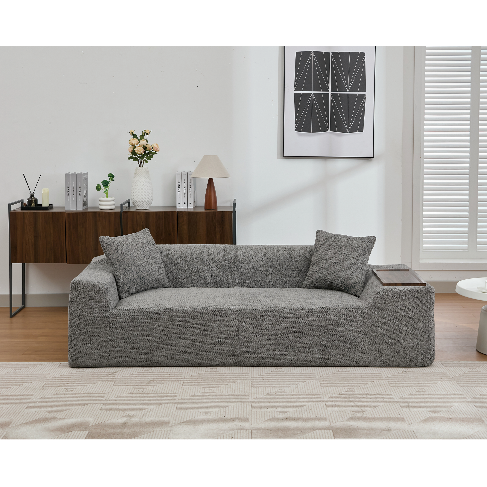 Arrived 2 Piece Boucle Cloud Sofa Set, Upholstered Sofa Set, Modern 3 Seater And 2 Seater Sofa With Mdf End Table For Living Room ,Apartment,3 2 Couch,Boucle,Dark Gray Gray Polyester Primary Living Space Soft Tight Back Modern Square Arms Foam