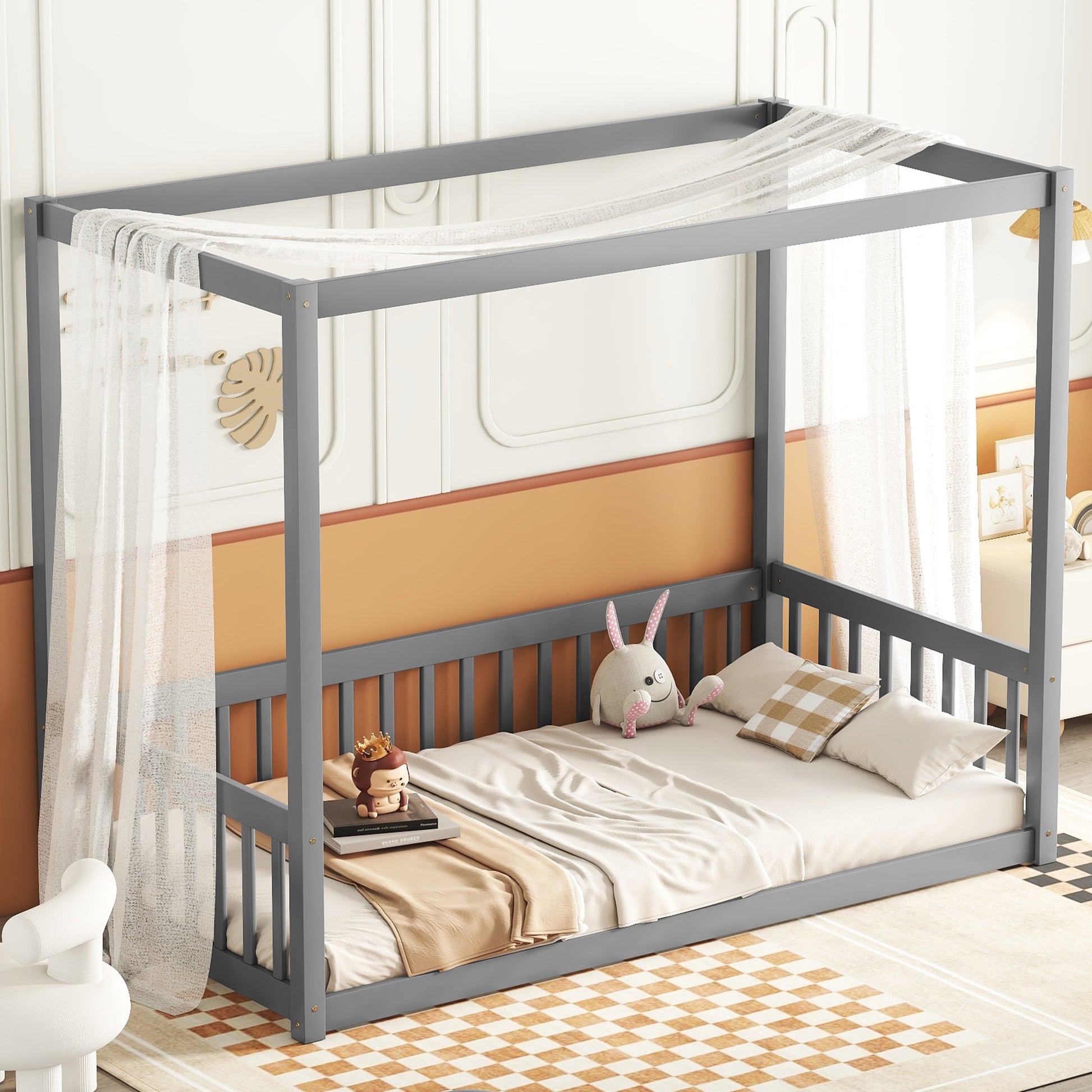 Twin Size Canopy Frame Floor Bed With Fence, Guardrails,Grey Twin Grey American Design Pine