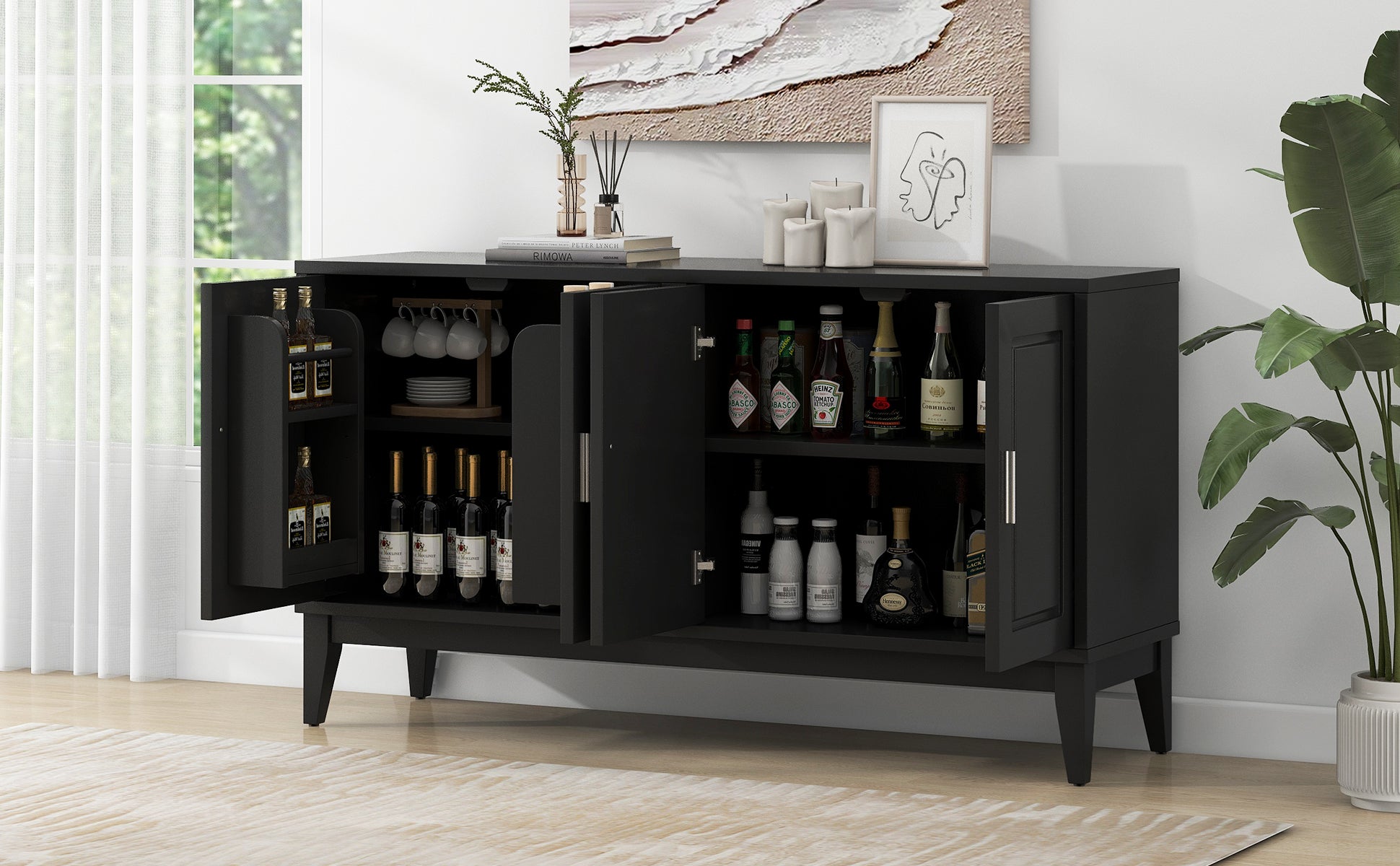 4 Door Sideboard Storage Cabinet With Door Shelf For Living Room And Dining Room, Two Large Cabinets With Adjustable Shelf, Black Black Rubberwood Solid Wood Mdf