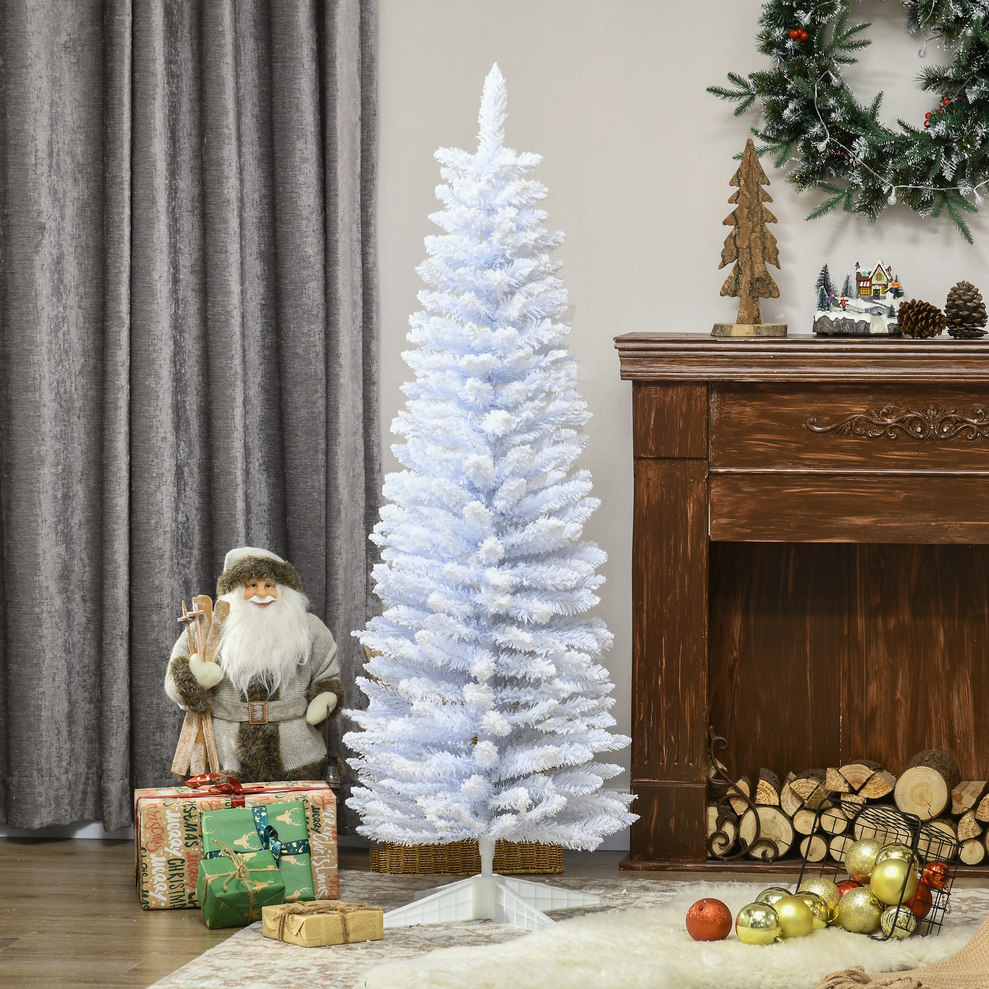 Homcom 5' Snow Flocked Artificial Pencil Christmas Tree, Slim Xmas Tree With Realistic Branches And Plastic Base Stand For Indoor Decoration, White White Plastic