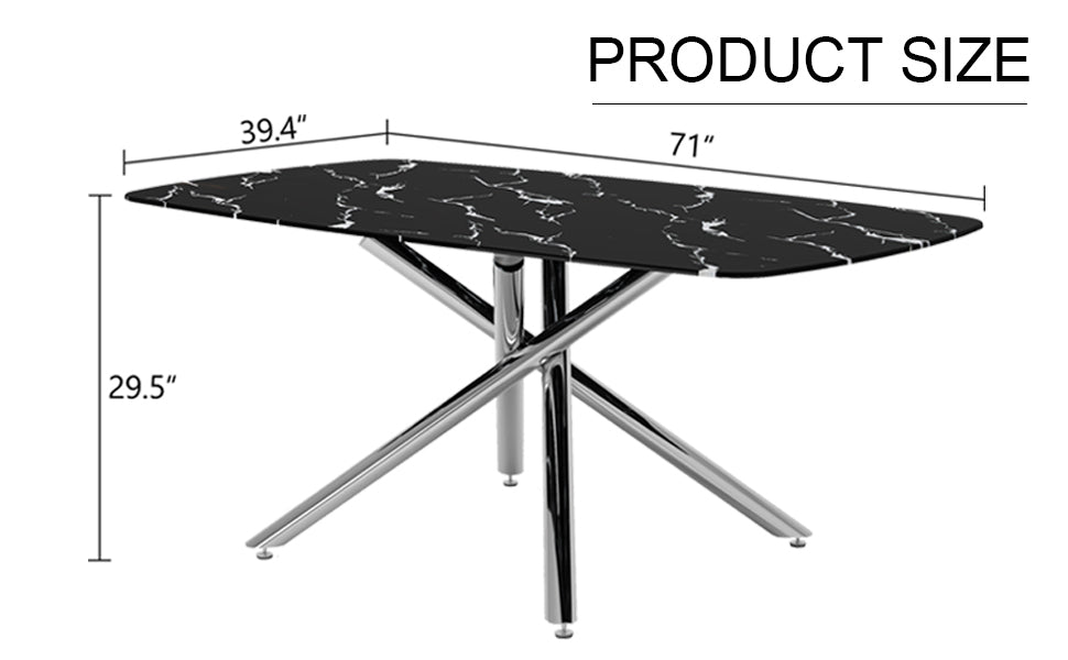 Large Modern Minimalist Rectangular Dining Table With 0.39 "Imitation Marble Black Tabletop And Silver Metal Legs, Suitable For Kitchen, Dining Room, Living Room, Conference Room, And Banquet Hall Silver Glass Metal