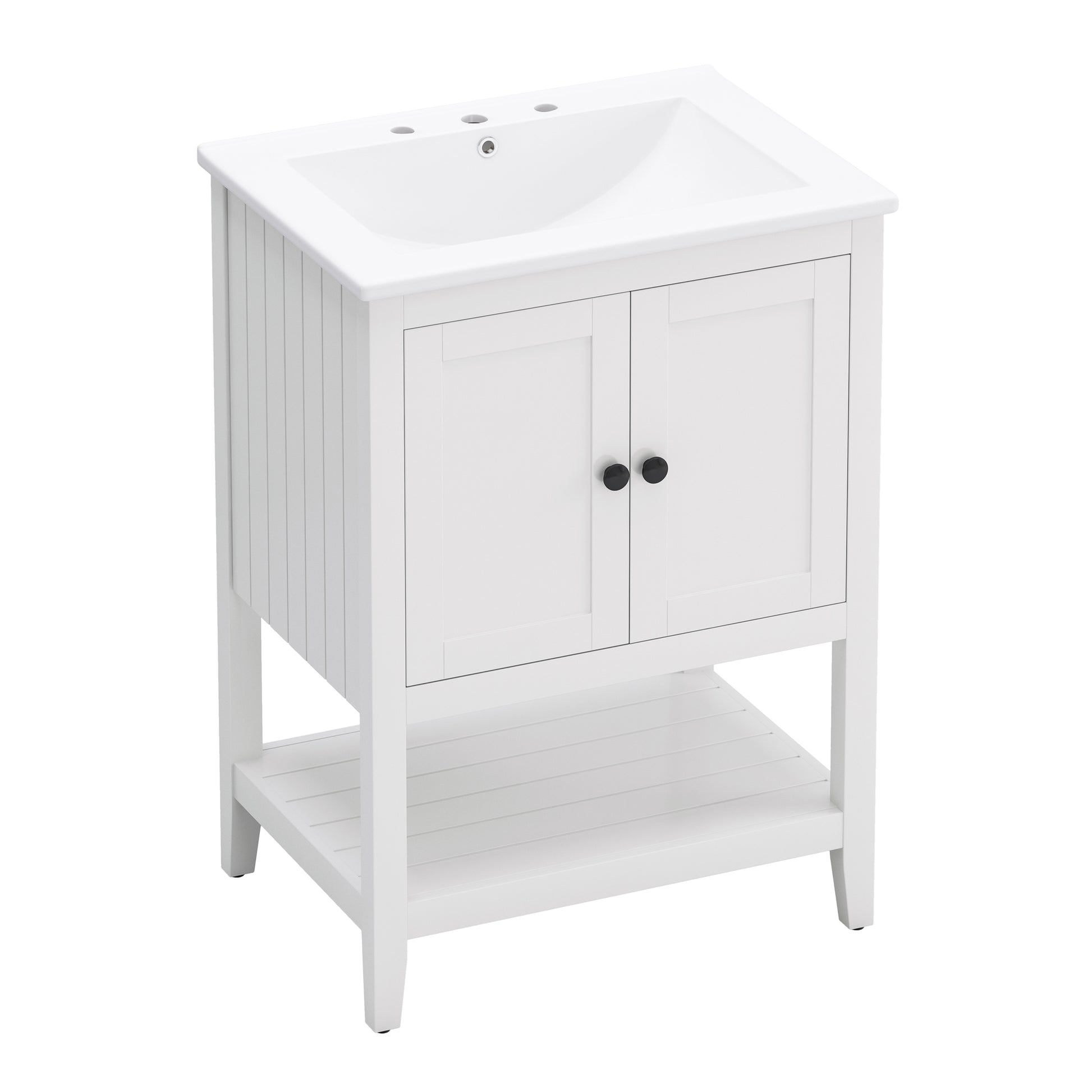 24" White Modern Sleek Bathroom Vanity Elegant Ceramic Sink With Solid Wood Frame Open Style Shelf White Solid Wood