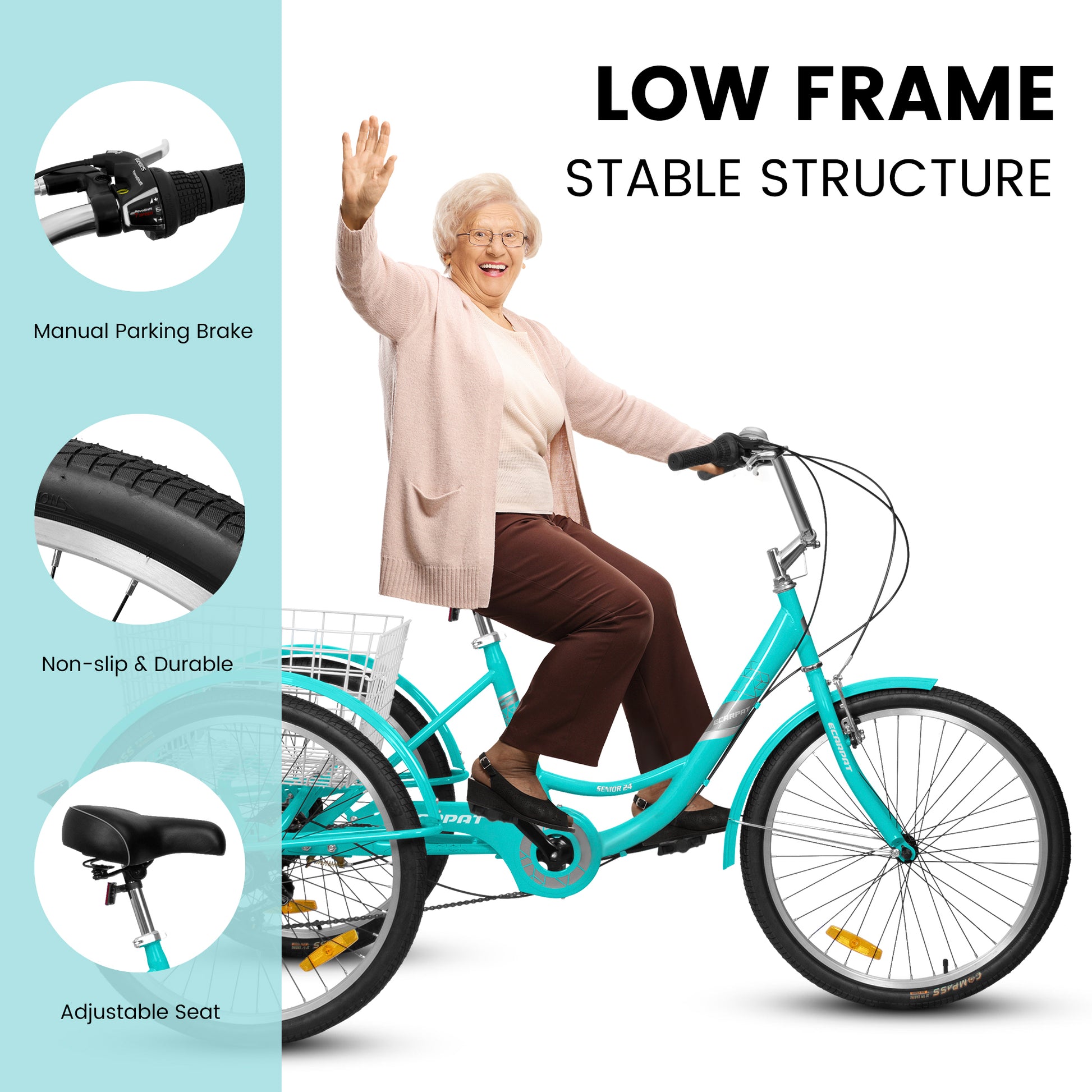 low 3 wheel bicycle Adult Tricycles 7 Speed, Adult Trikes 24 Inch 3 Wheel Bikes, Three Whe