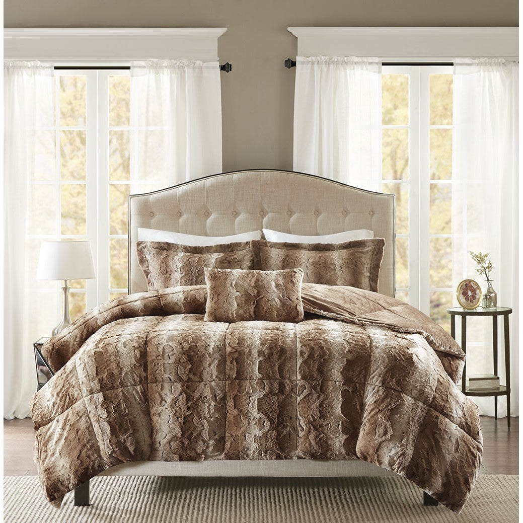 4Pc Faux Fur Comforter Set King Brown Polyester