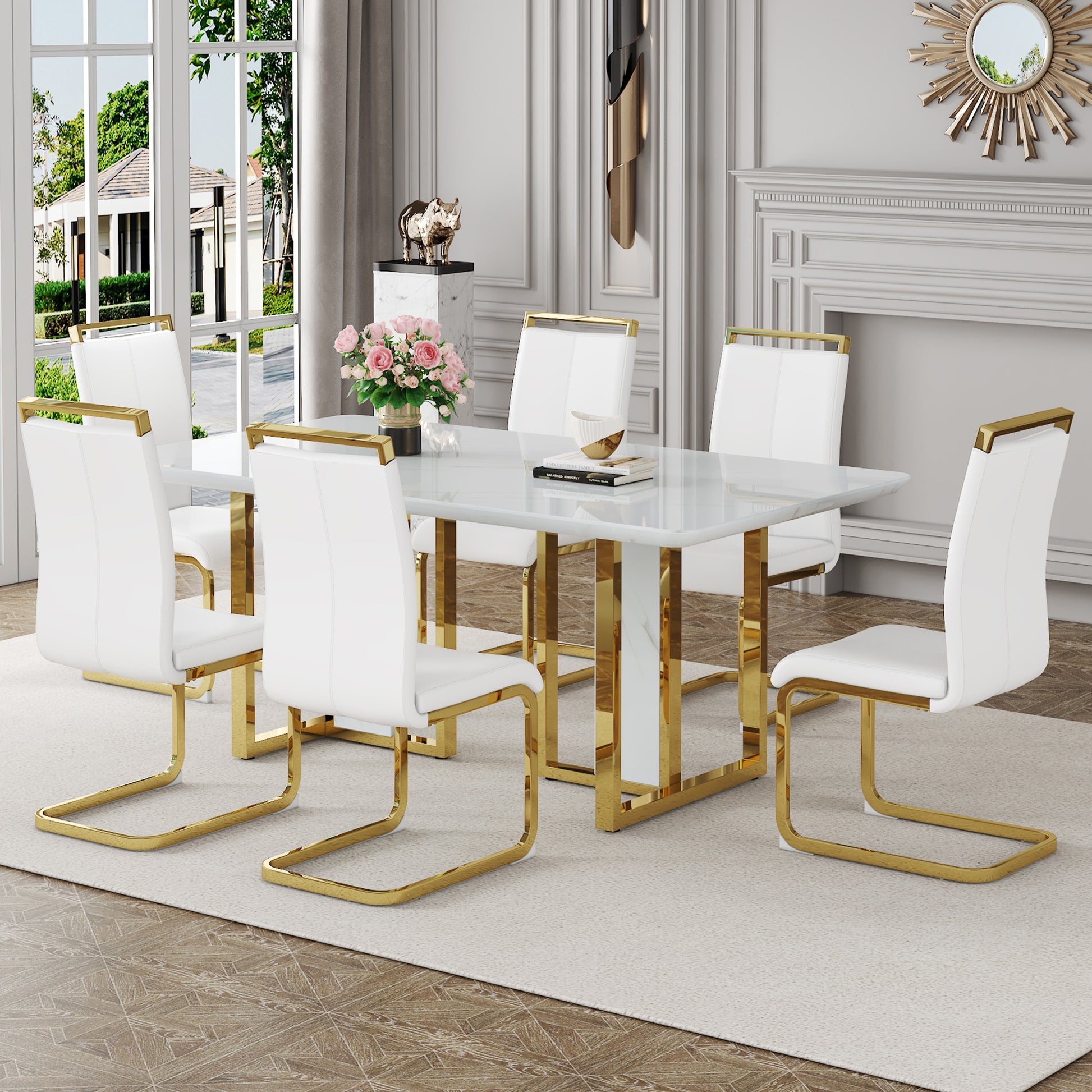 Table And Chair Set.67"X36" White Marble Pattern Mdf Dining Table Set With 6 White Pu Chairs.Mdf Sticker,White Marble Pattern Sticker,Gold C Tube Chair Legs,Suitable For Kitchen,Dining Room,Etc.