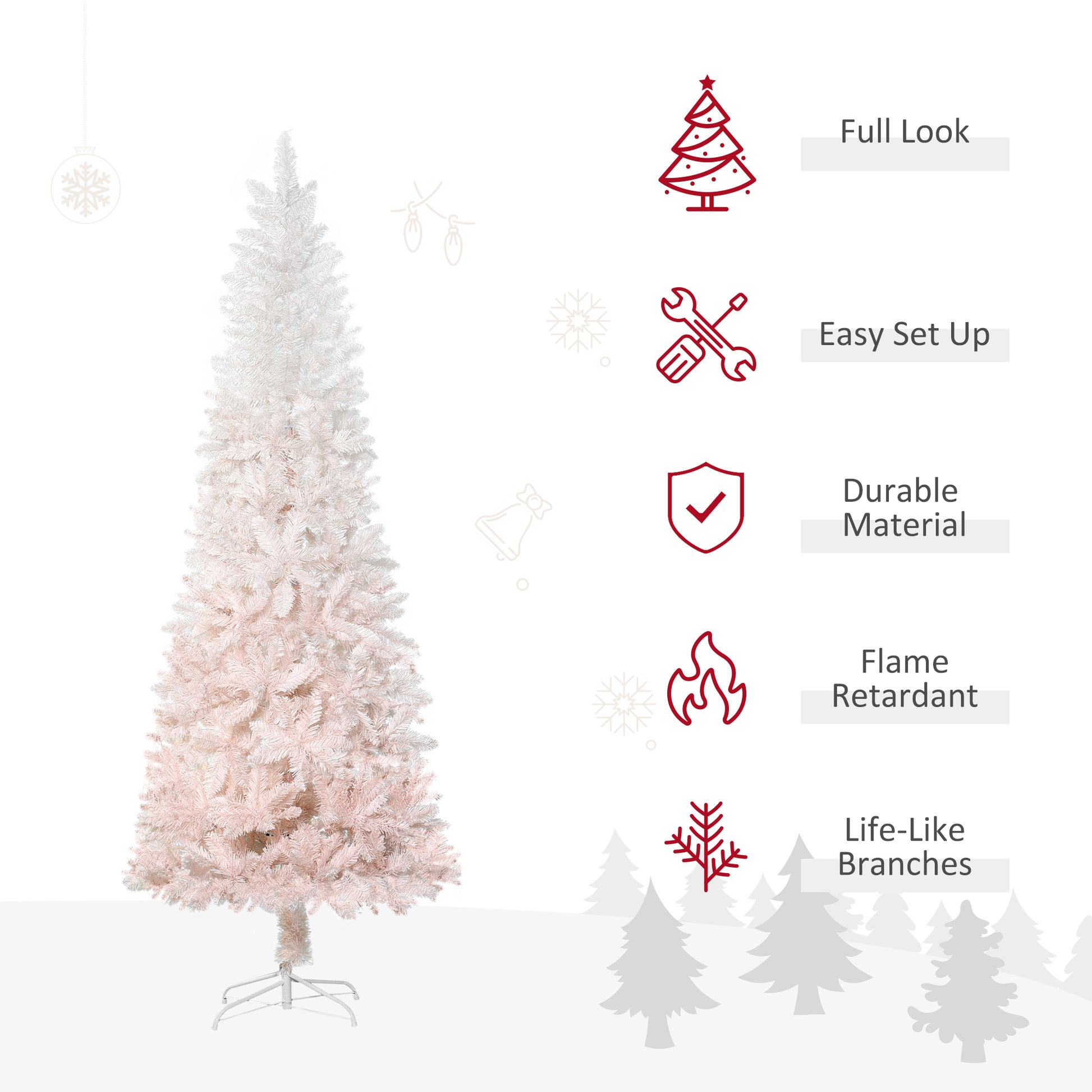 Homcom 7' Tall Unlit Pencil Fir Artificial Christmas Tree With Realistic Branches And Steel Base, Pink And White Pink Pvc