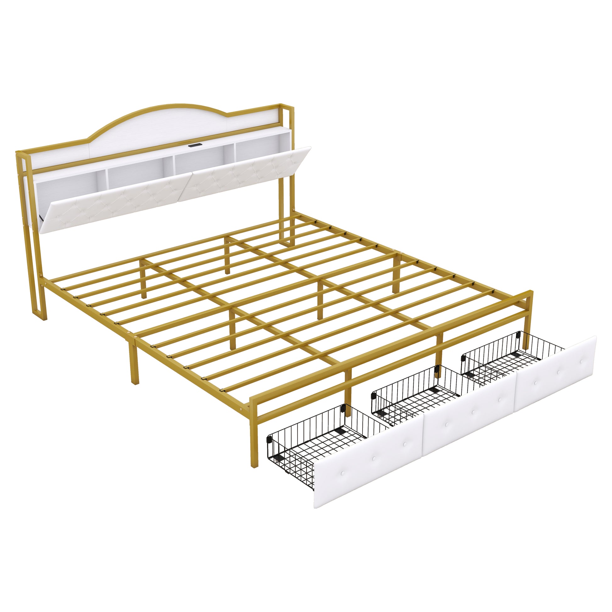 Metal Platform Bed With 3 Drawers, Storage Headboard, King, Gold King Gold White Fabric Metal