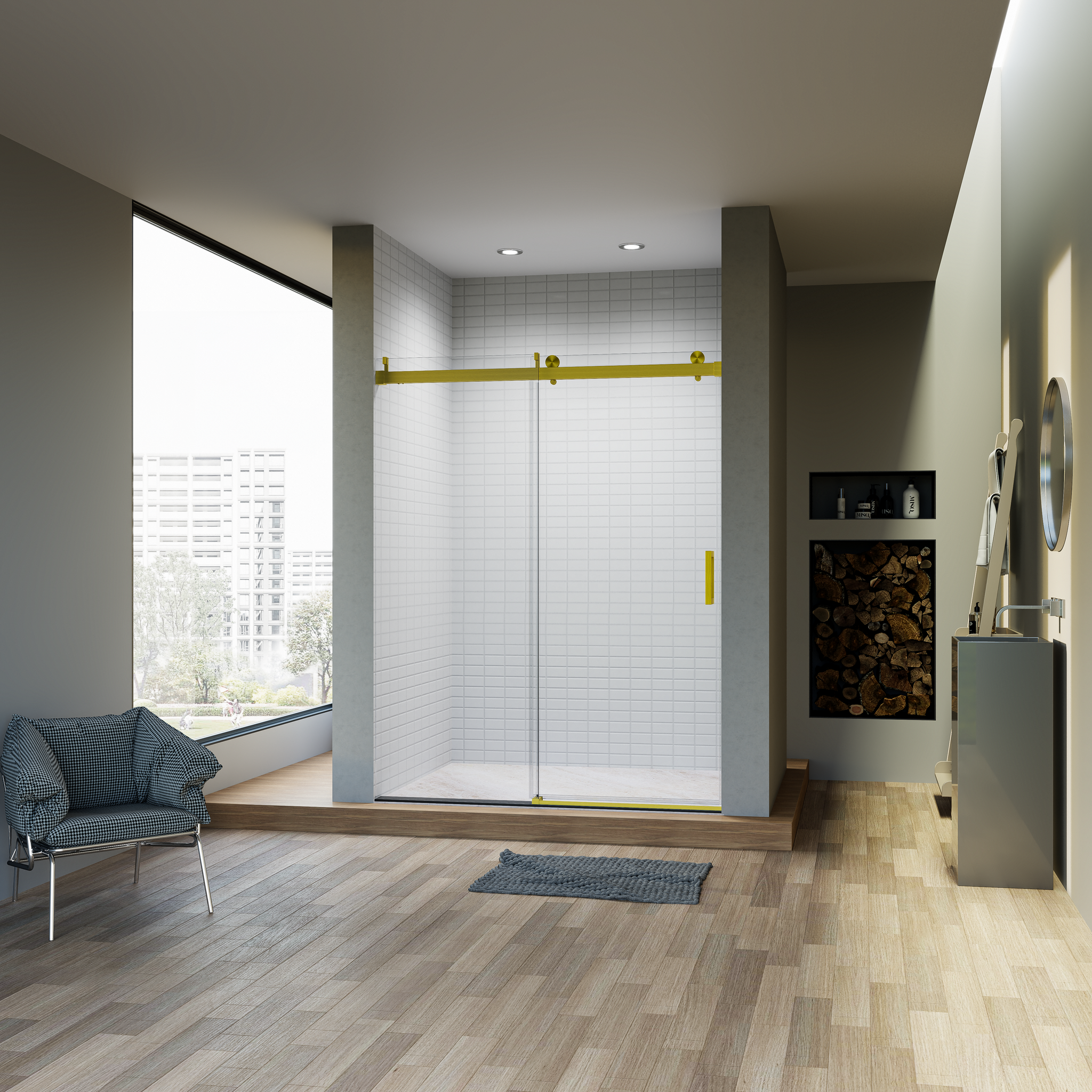 56 60" W * 76" H Frameless Single Sliding Soft Close Shower Doors With Buffer, Bathroom Sliding Shower Door, 3 8" 10Mm Thick Sgcc Tempered Glass Door, Reversible Installation, Brushed Gold Finish Brushed Gold Glass Metal