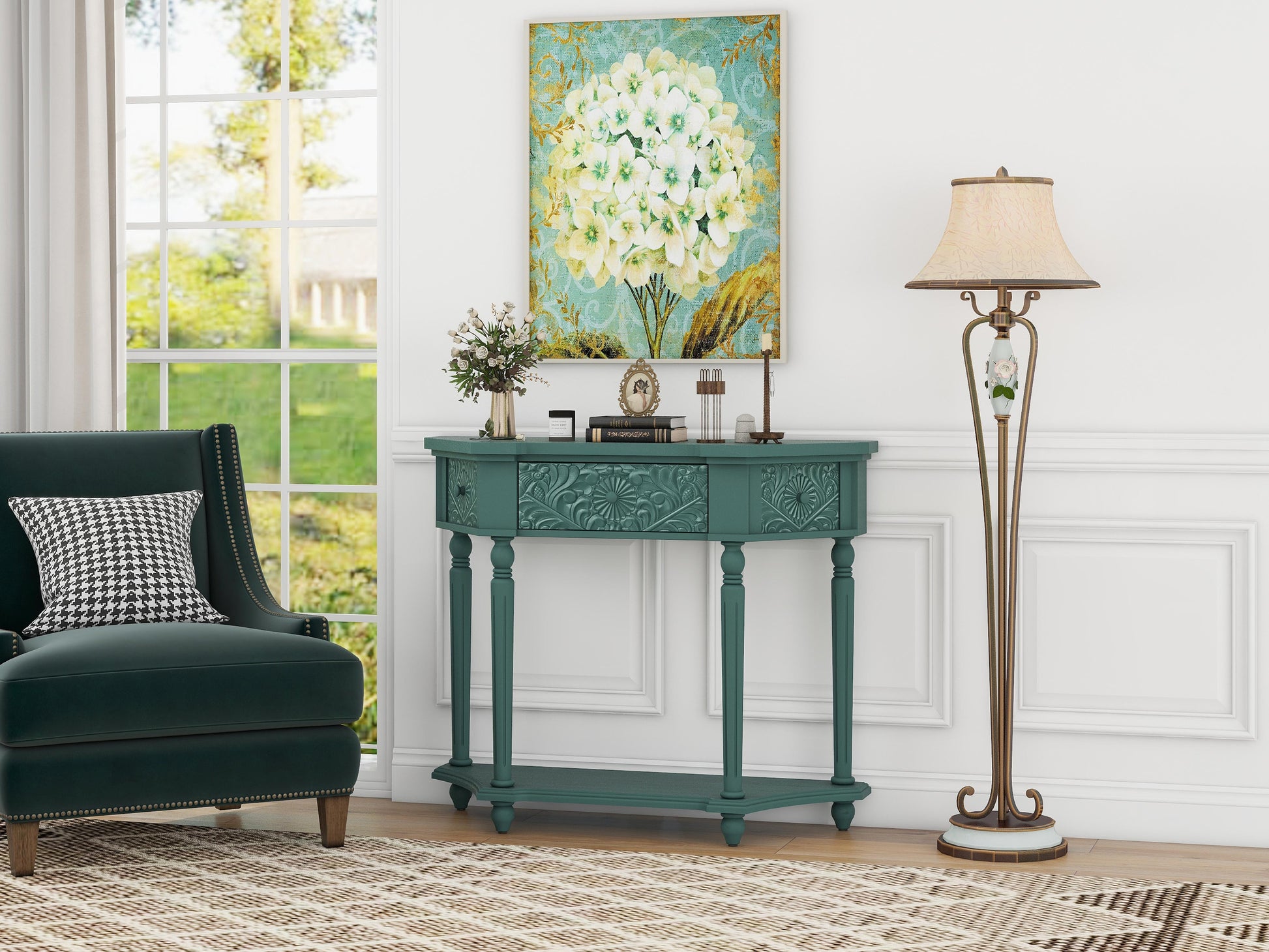 1 Drawer End Table,Side Table,Elegant Carved 1 Drawer End Table For Living Room Bed Room Study Entryway Dark Green American Design Mdf