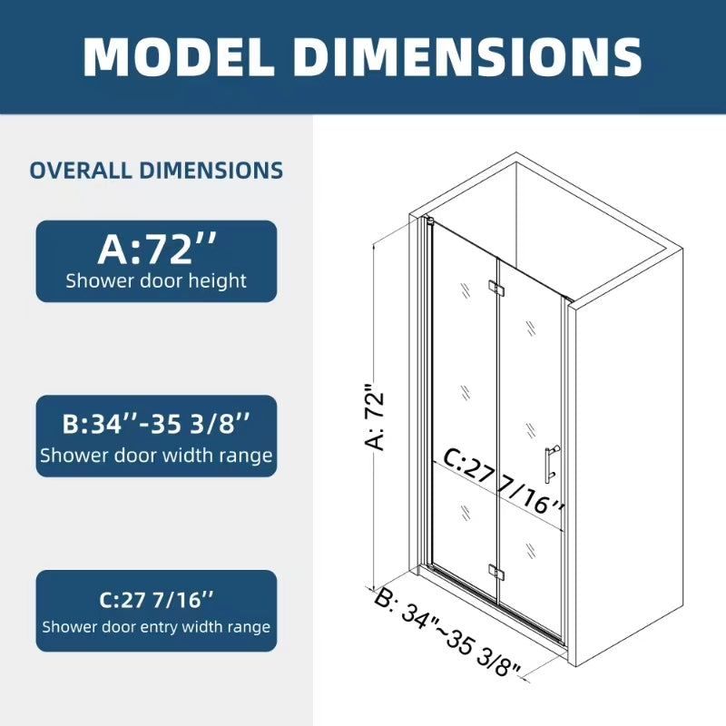 1 3 8" Adjustment,Universal Pivot Shower Door, With 1 4" Tempered Glass Matte Black Aluminium Alloy