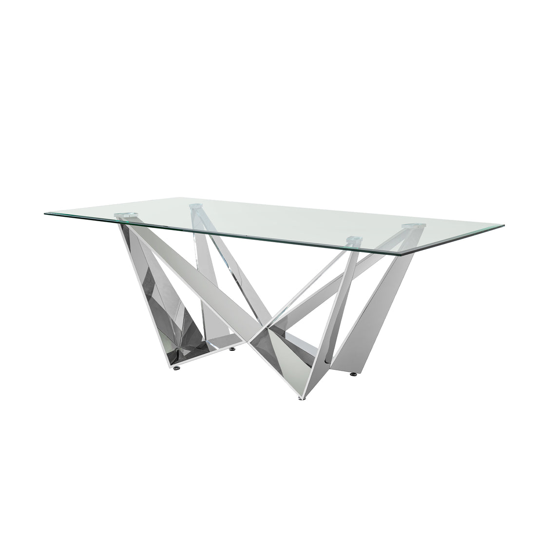 Clear Glass With Polished Stainless Steel Base 78" Dining Table Silver Seats 6 Mirrored Finish Dining Room Contemporary Rectangular Kitchen & Dining Tables Polished Rectangular Stainless Steel