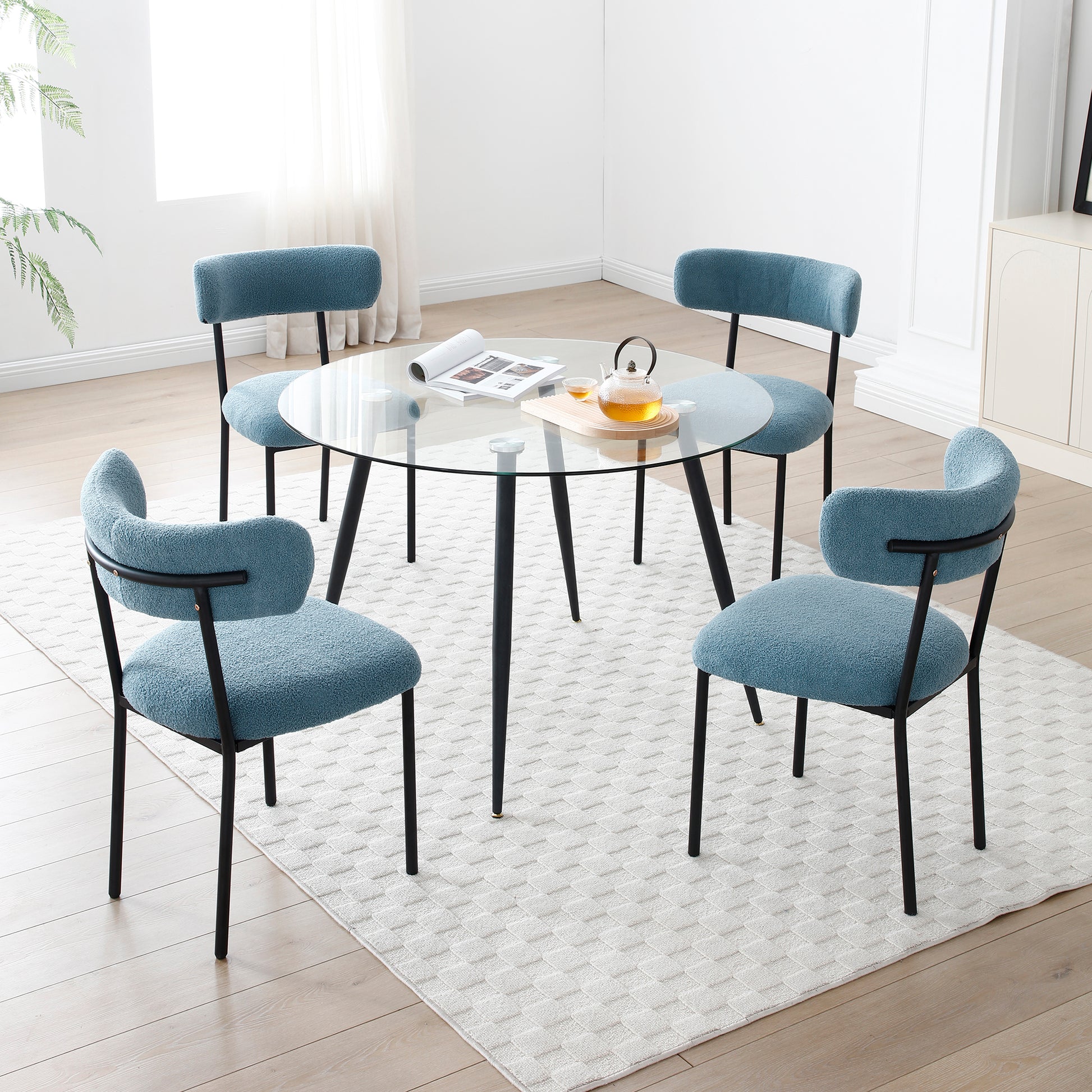 Dining Chairs Set Of 2,Round Upholstered Sherpa Fabric Dining Room Chairs With Curved Backrest,Mid Century Modern Accent Chairs With Black Metal Adjustable Legs For Dining Room,Living Room,Kitchen Light Blue Foam Polyester