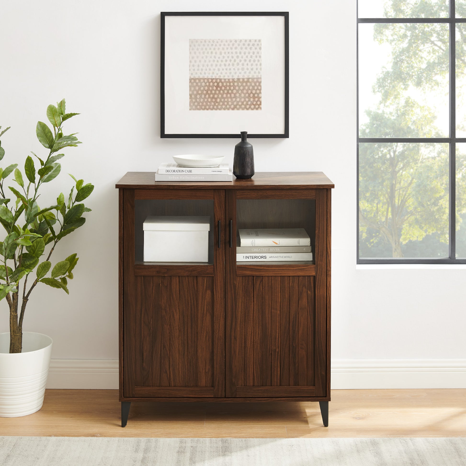 Modern Grooved Door Accent Cabinet Dark Walnut Dark Brown Mdf Mdf