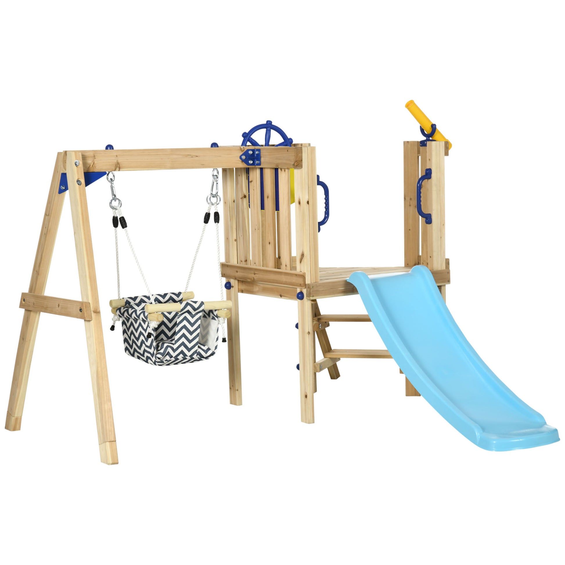 Outsunny 3 In 1 Wooden Swing Set Outdoor Playset With Baby Swing Seat, Toddler Slide, Captain'S Wheel, Telescope, Kids Backyard Playground Equipment, Ages 1.5 4 Natural Wood Hdpe