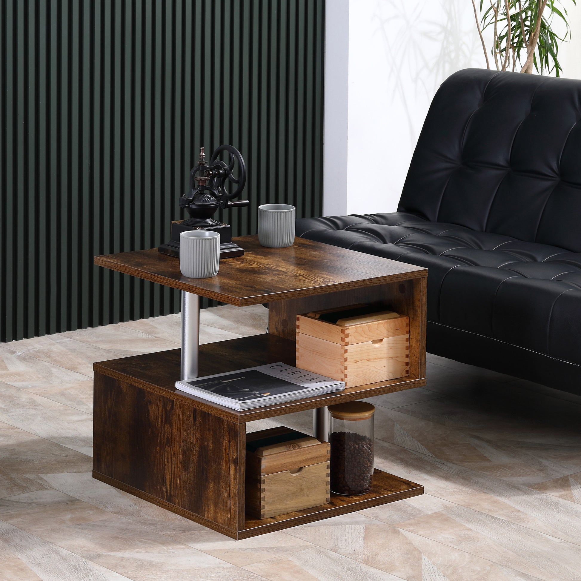 Homcom 20" Modern End Table, Accent Side Table, S Shaped Coffee Table With Storage Shelf And Steel Poles, Rustic Brown Rustic Brown Particle Board