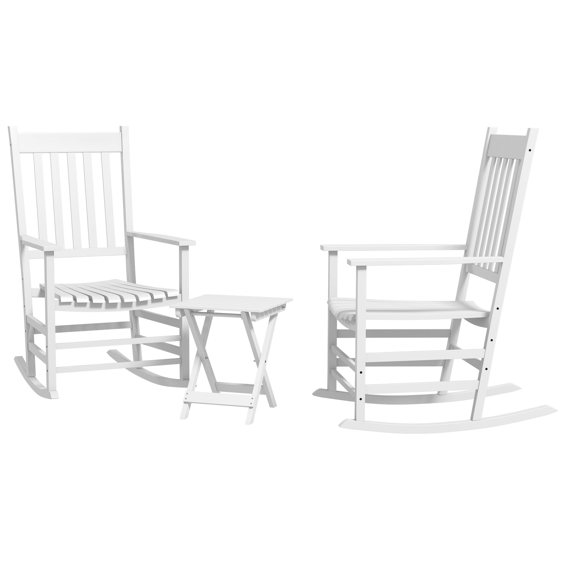 Outsunny Outdoor Rocking Chair Set Of 2 With Side Table, Patio Wooden Rocking Chair With Smooth Armrests, High Back For Garden, Balcony, Porch, Supports Up To 352 Lbs., White White Wood
