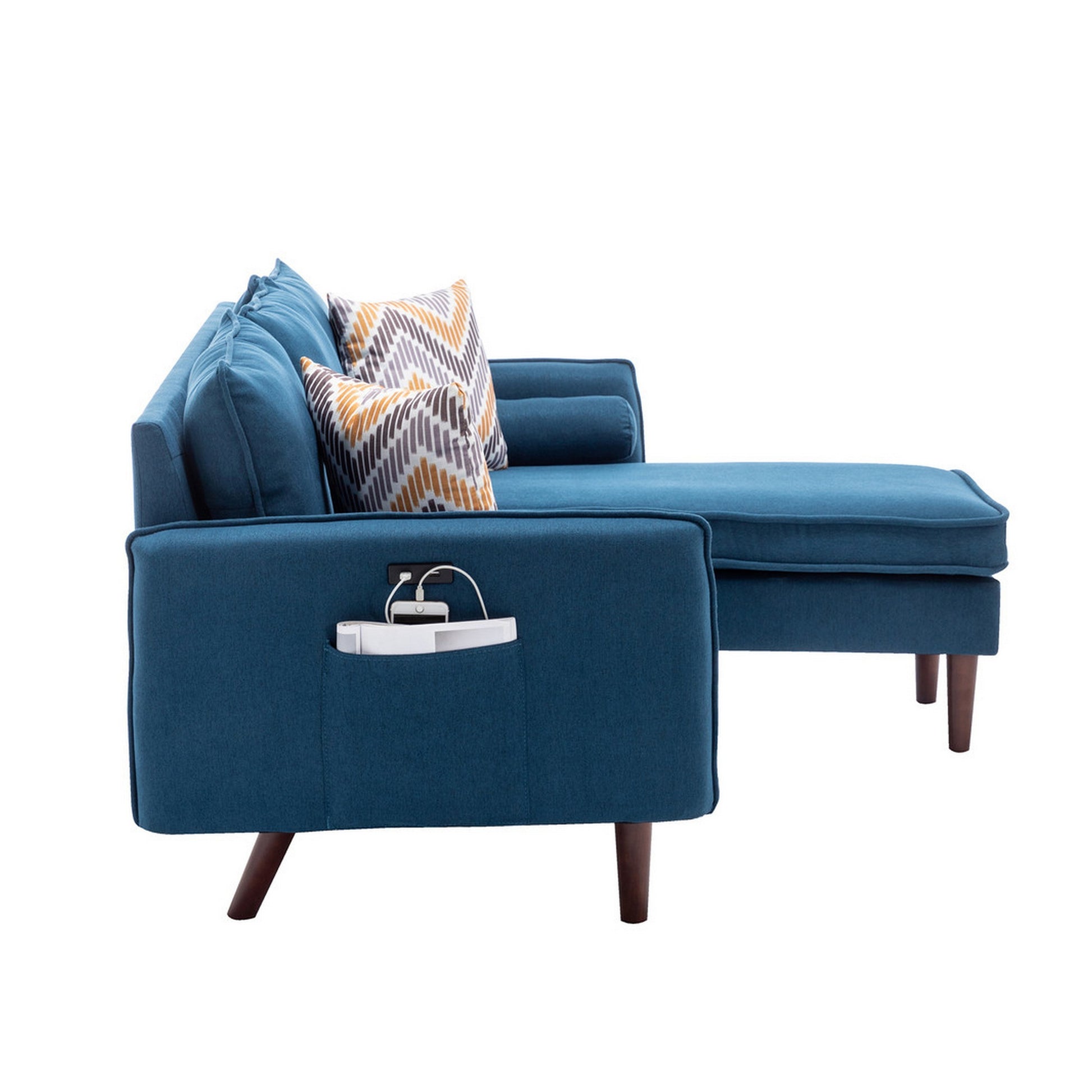 Ranon 70 Inch Sectional Chaise Sofa, Pillows, Usb Ports, Side Pockets, Blue Blue Solid Wood 3 Seat