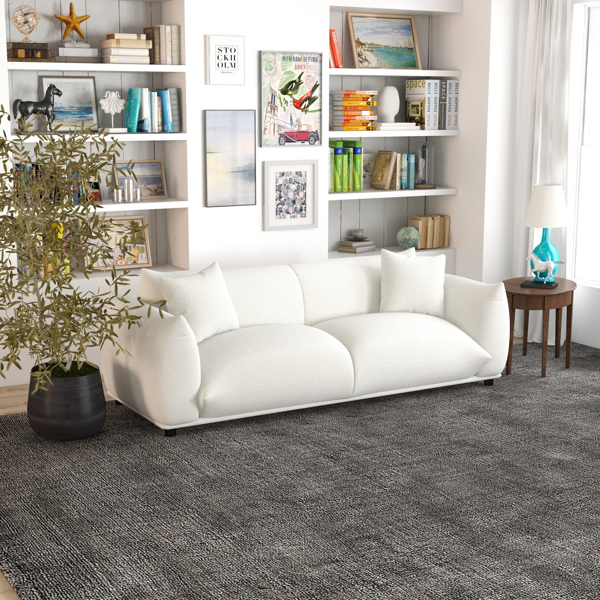 Emma Mid Century Modern Luxury Cream Boucle Sofa Cream,White Brown Wood Primary Living Space Mid Century Modern Foam Boucle,Solid Wood 3 Seat