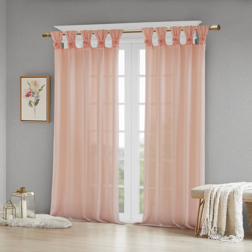 Floral Embellished Cuff Tab Top Solid Curtain Panel Only 1 Pc Panel Blush Linen