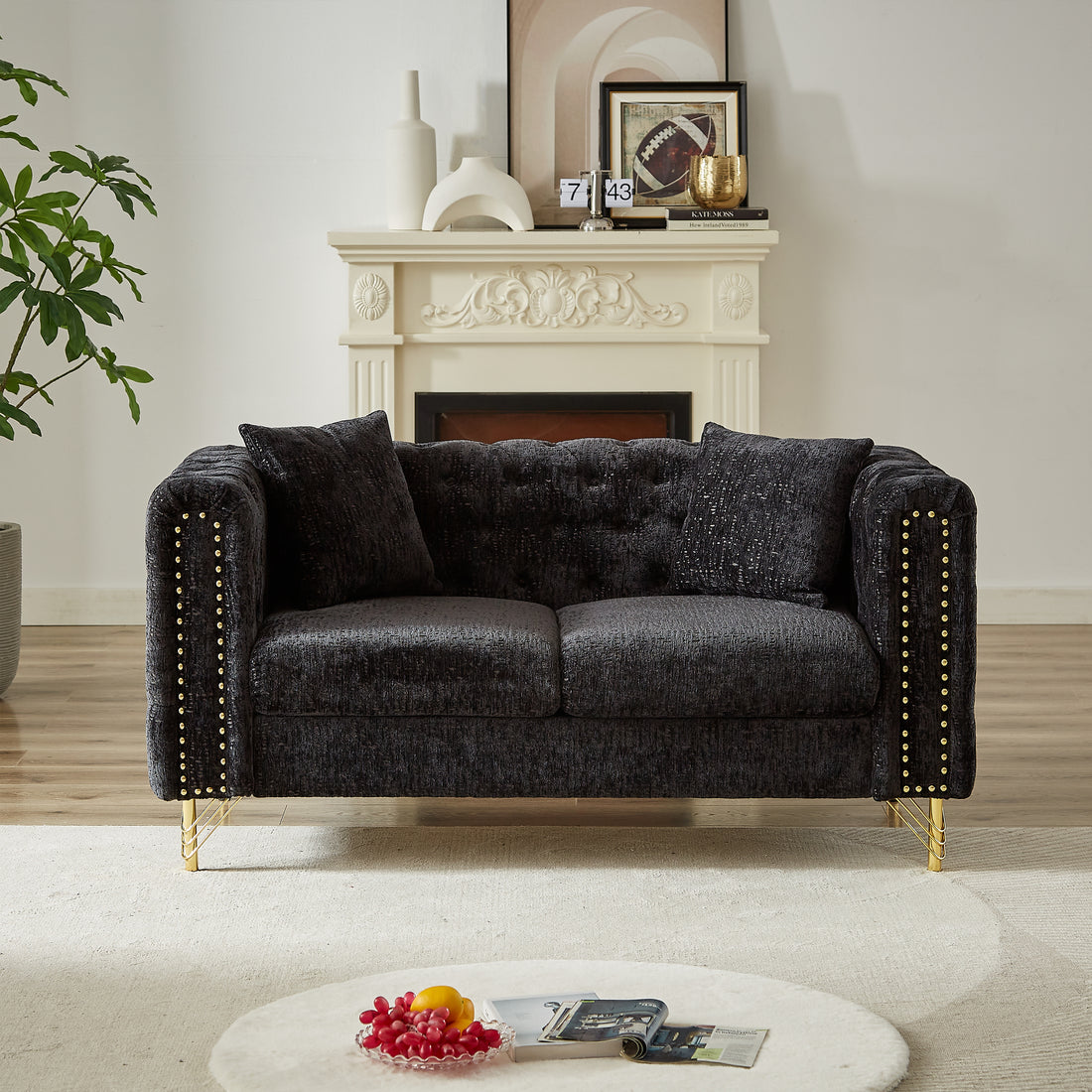 60 Inch Chenille Pull Buckle Design Sofa For Living Room,Buttons Tufted With Copper Nail Decoration Armrest, Modern Couch Upholstered Button And Metal Legs Black Foam Chenille 2 Seat