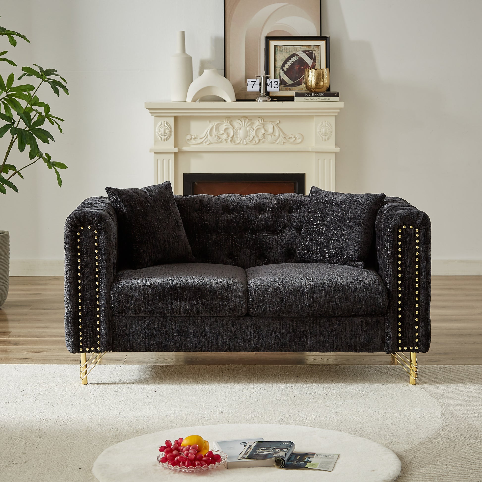 60 Inch Chenille Pull Buckle Design Sofa For Living Room,Buttons Tufted With Copper Nail Decoration Armrest, Modern Couch Upholstered Button And Metal Legs Black Foam Chenille 2 Seat