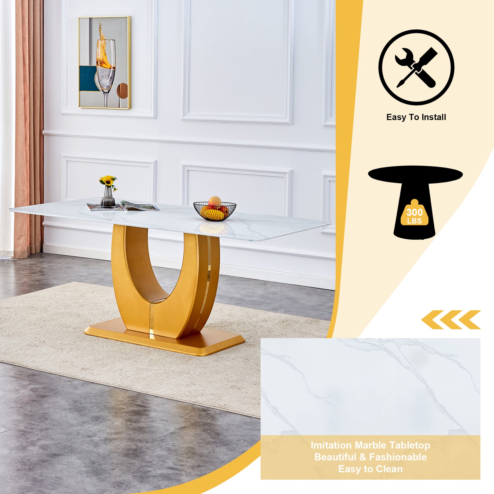 Modern Simple Luxury White Imitation Marble Decorative Glass Dining Table, Golden Legs, Rectangular Desk. A Computer Desk. Games Table, Dining Room, Living Room, Terrace, Kitchen. Gold White Mdf