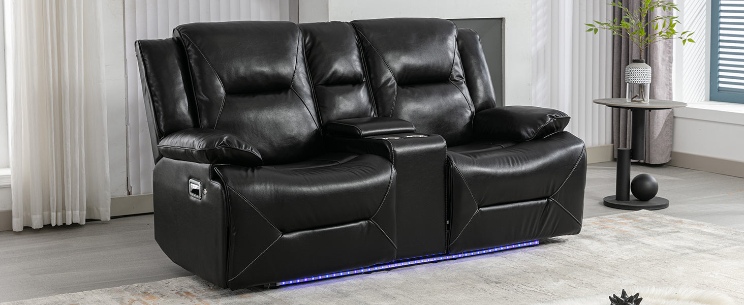 Home Theater Recliner Set Manual Recliner Chair With A Led Light Strip Two Built In Cup Holders For Living Room,Bedroom, Black Black Foam Pu