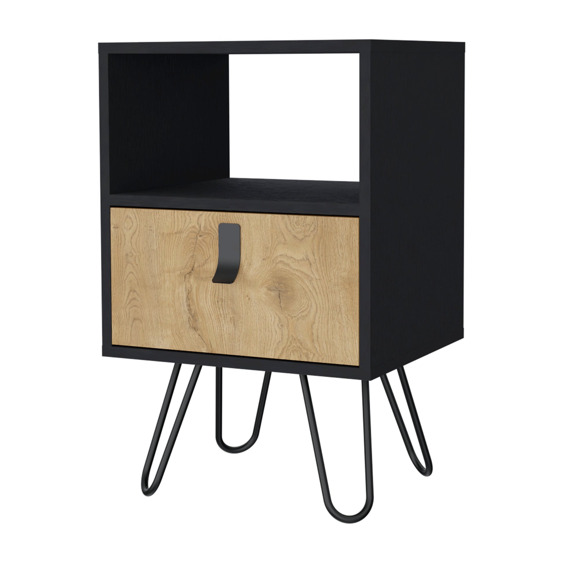 Kimball Nightstand, Large Storage Design With Hairpin Legs, Drawer An Open Shelf Multicolor 1 Drawer Bedroom Open Storage Contemporary Pine Shelving Pine Particle Board Engineered Wood