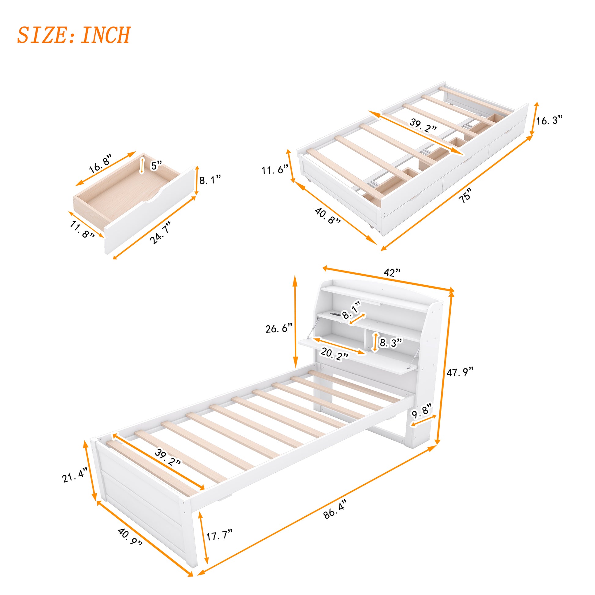 Twin Size Wooden Led Platform Bed With Trundle, With Storage Headboard, With Drawers, White Twin White Plywood