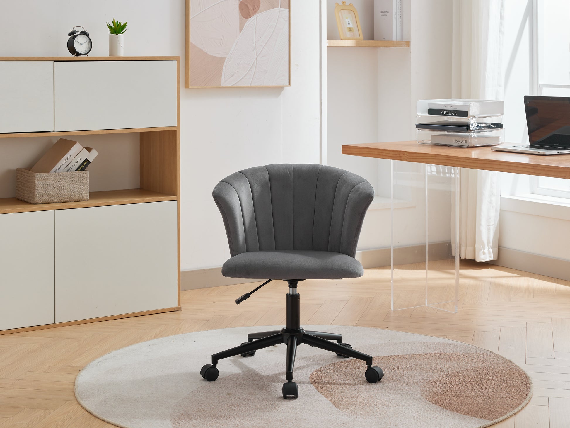 Home Office Chair, Velvet Fabric Swivel Flower Shape Computer Desk Chair For Home Office Or Bedroom Grey Black Foam Polyester Blend