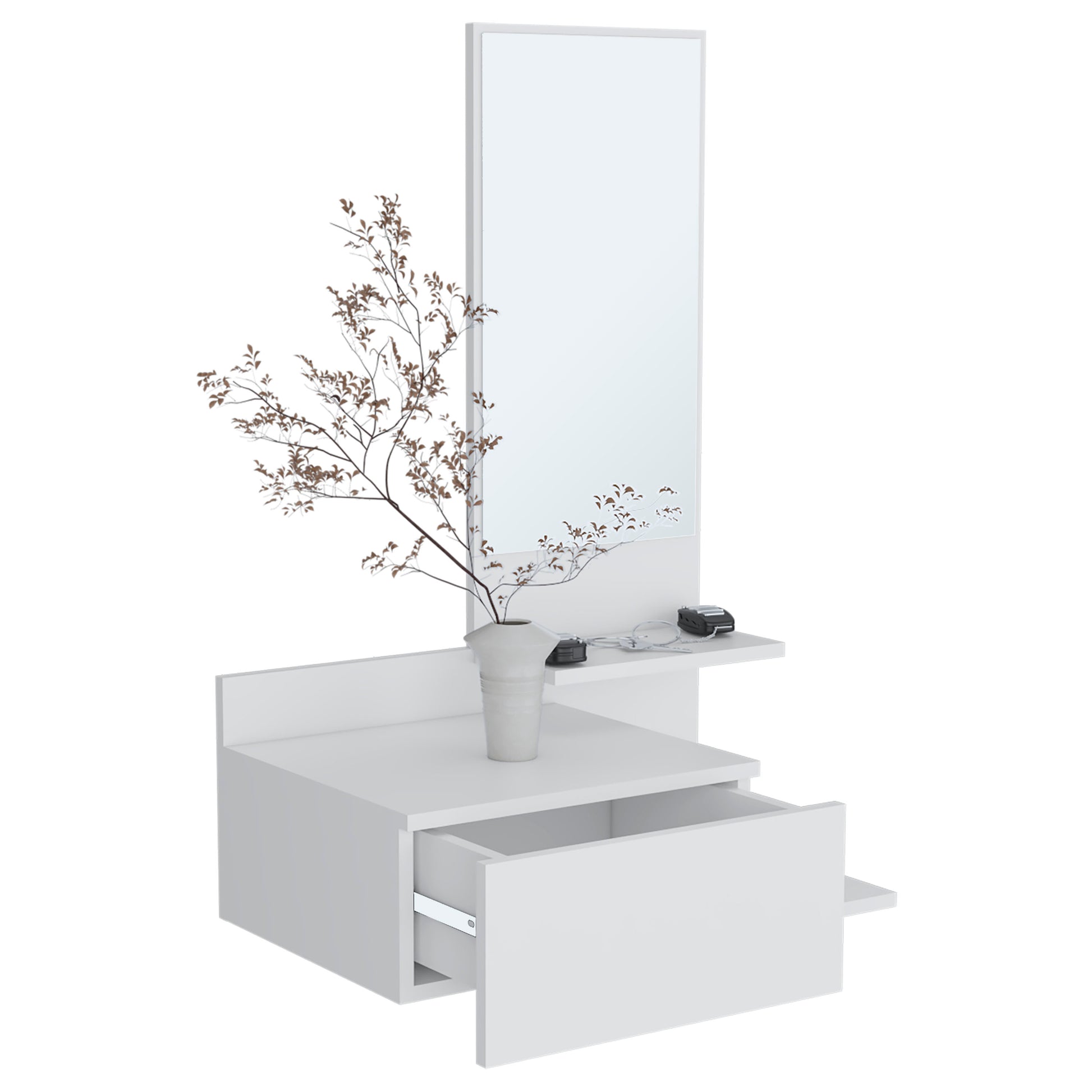 Vienna 23.6" Wide 3 Tier Shelf Floating Mirror Console Table, Full Extension Drawer White White Particle Board