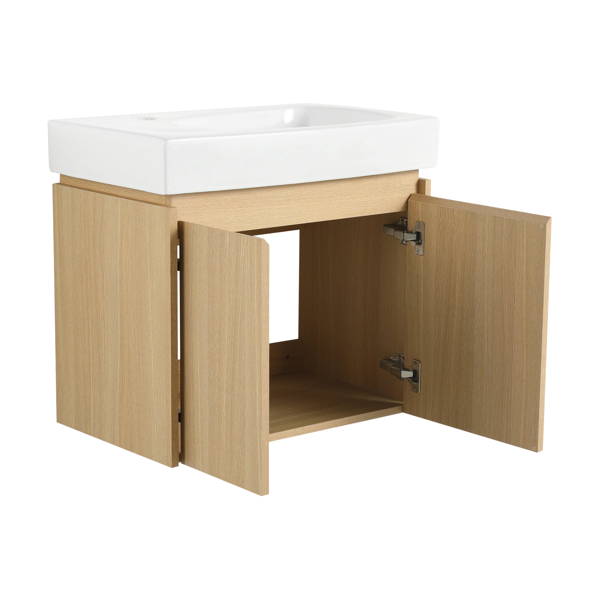 24 Inch Bathroom Vanity With Basin, Wall Mounted Floating Vanity Sink Combo, Wooden Storage Cabinet With Double Doors For Bathroom,Oak Oak Bathroom American Design Engineered Wood