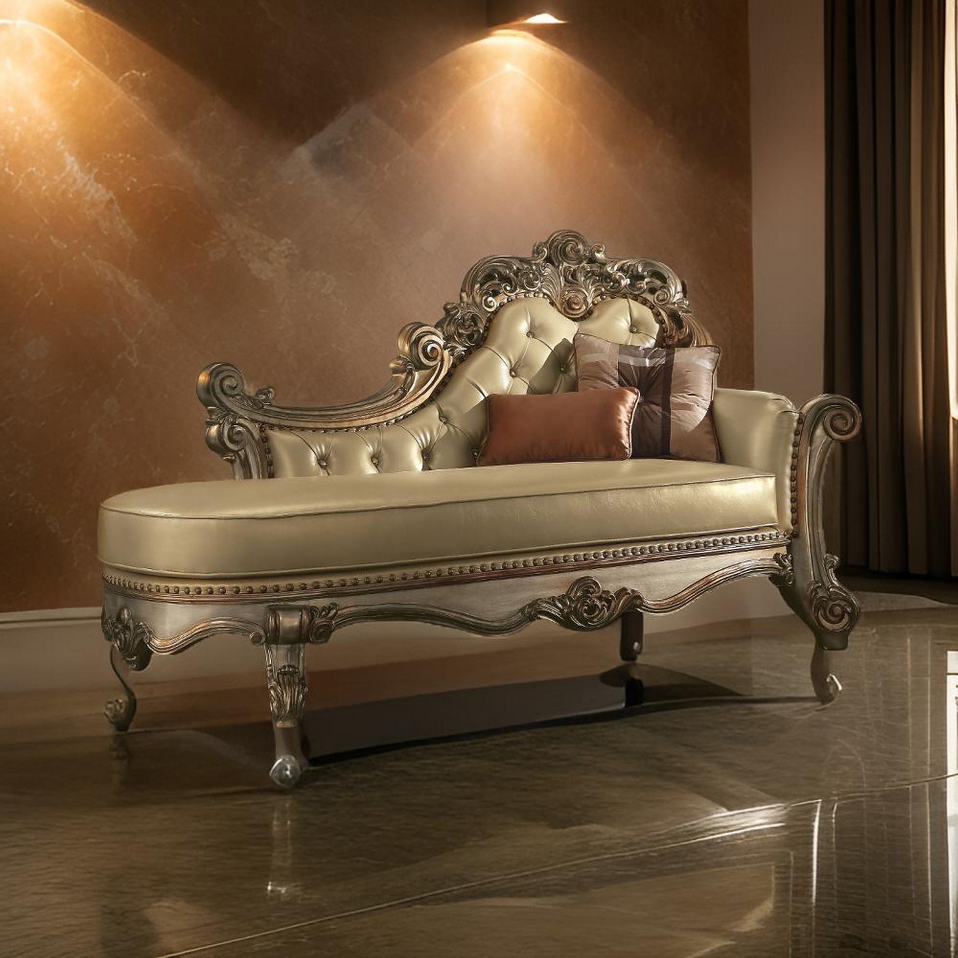 Wooden Gracious Chaise With 2 Pillows, Gold Patina & Bone Gold Wood