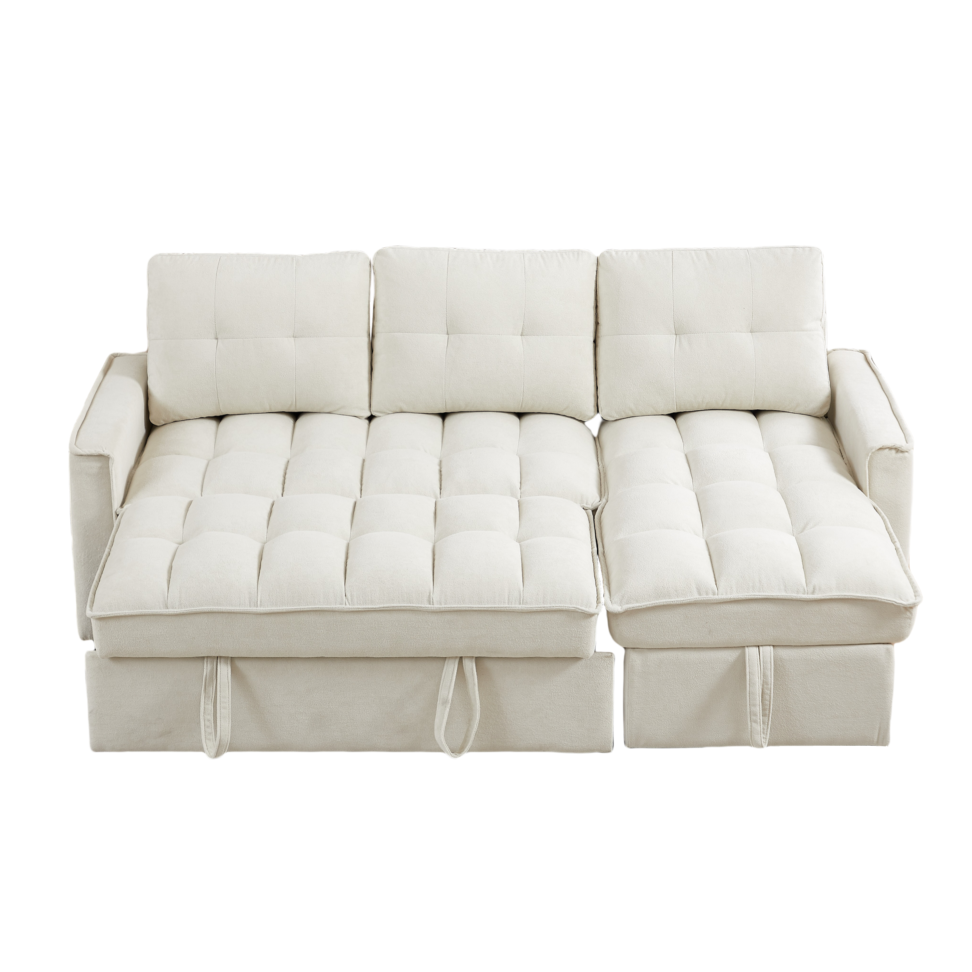 Mh 78.75" Reclining Sofa, Pull Out Sofa Bed With Usb And Tape C Charging Ports, L Shaped Sectional Sofa With Reclining Storage And Arm Side Organizer Pocket Features, Living Room Comfort Sofa Beige Chenille Wood Primary Living Space Eucalyptus Foam