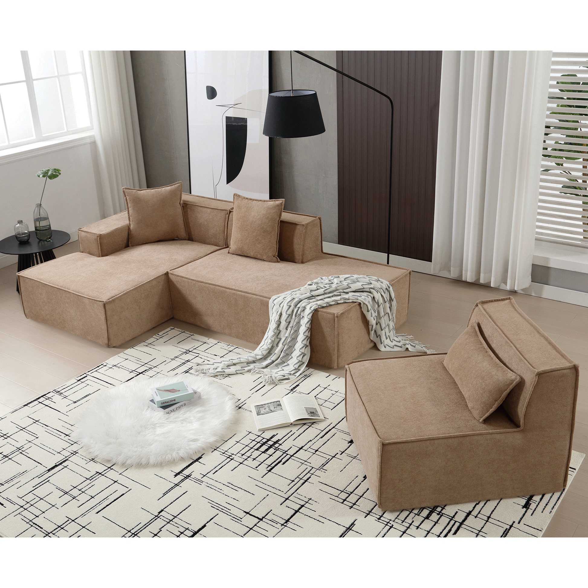 Modular Combination Living Room Sofa Set, Modern Minimalist Sofa, Free Installation Sofa, L Shaped, Italian Minimalist Tofu Block Sofa, Left Hand Facing,Terrycloth Fabric, Light Brown Light Brown Polyester Primary Living Space Soft Modern Polyester 3