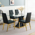 Modern Style Glass Dining Table, Elegant Transparent Design, Solid Support Base, Black Dining Chair Set, Gold Plated Chair Legs, Suitable For Restaurant Kitchens Set Of 5 Black Gold Seats 4 Mdf Glass