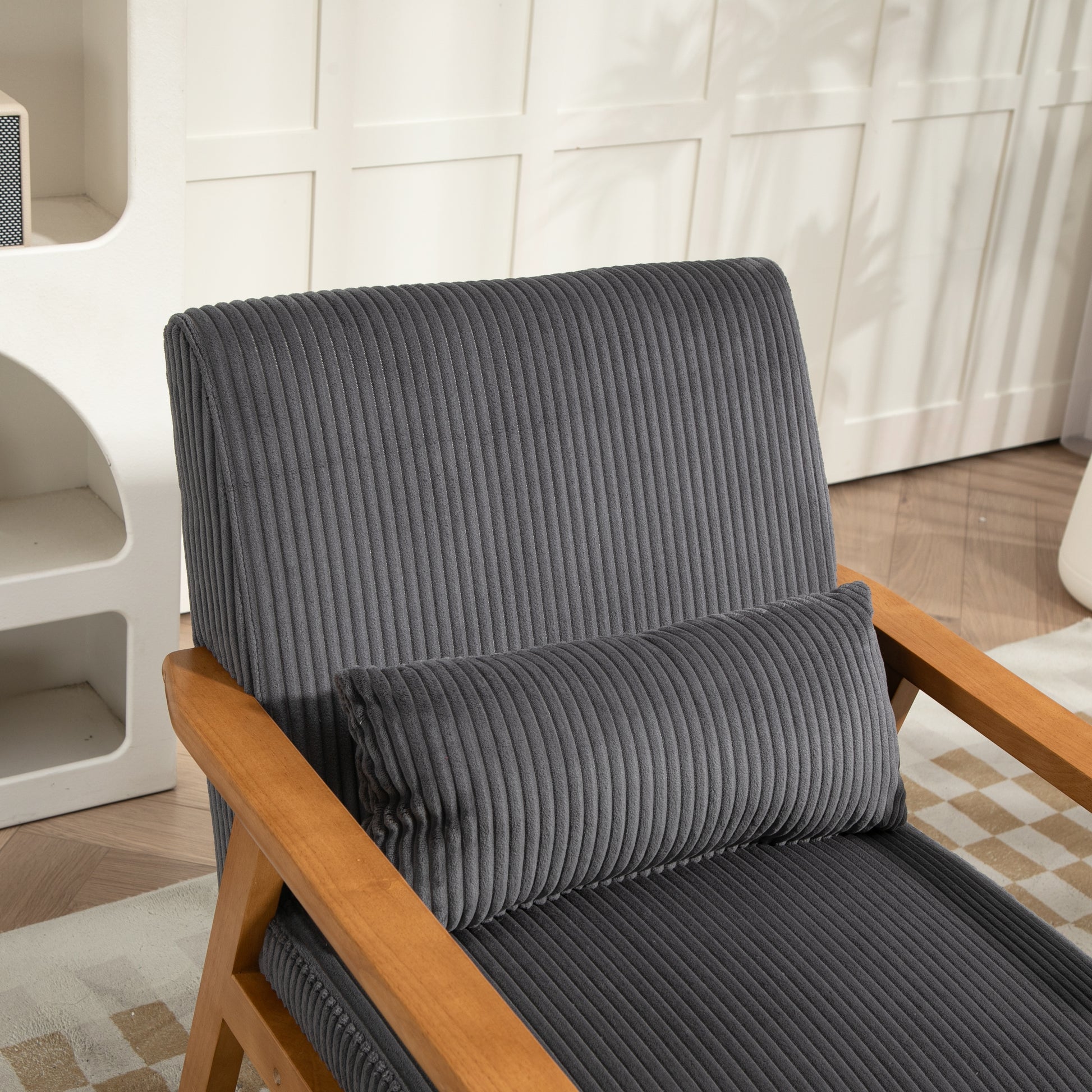 Leisure Chair With Solid Wood Armrest And Feet, Leisure Chair, Wood Frame, Velvet, L, Solid Rubber Wood Legs, Mid Century Modern Accent Chair, For Living Room Bedroom Studio Chair Dark Gray Corduroy