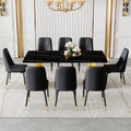 Table And Chair Set.The Table Has A Glass Top With Imitation Marble Pattern Stickers And Stainless Steel Golden Legs. Paried With Chairs With Pu Artificial Leather Backrest Cushions And Black Legs. Black Gold Seats 8 Glass Metal